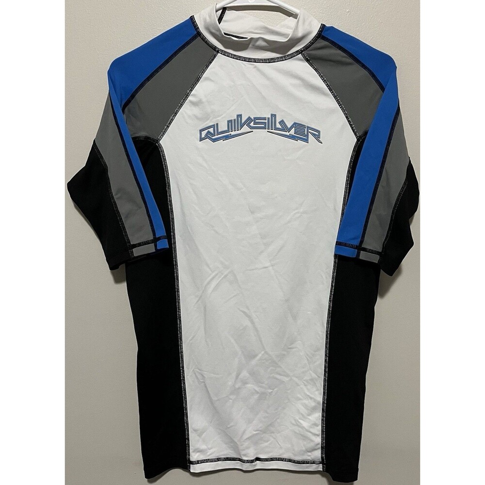 Quiksilver Men's Outlaw Short Sleeve Rashguard white, blue, gray, & black Size L